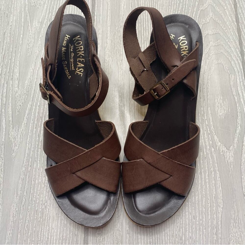 KORK-EASE WOMEN'S TAMARA BROWN LEATHER STRAPPY GOLD CORK WEDGE SANDALS SIZE 9 - Picture 2 of 10